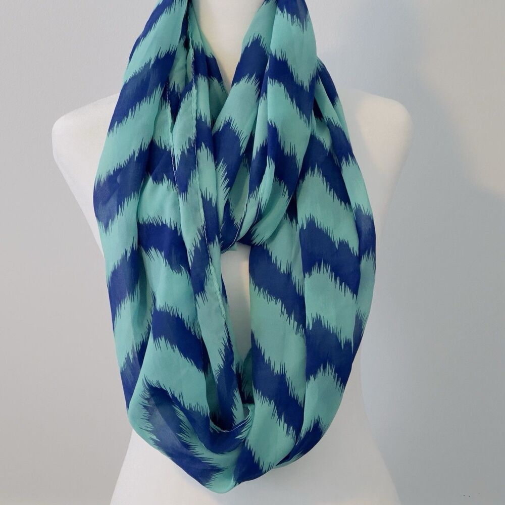 Women's Infinity Neck Scarf Teal Green & Blue Wavy Stripe Thin 100% Polyester